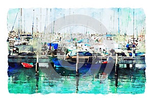 Abstract watercolor style image of nautical concept with marina, sea and boats