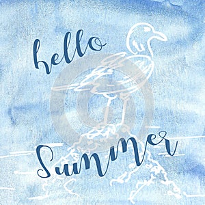 Abstract watercolor summer background .Waves, seagull, hello summer.