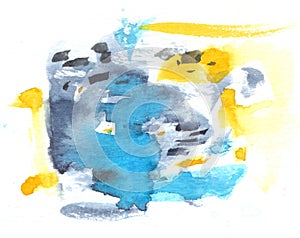 Abstract watercolor texture with painted stains and strokes. Delicate artistic background with blue, gray and yellow