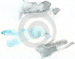 Abstract watercolor texture with painted stains and strokes. Delicate artistic background. Pastel blue and light gray