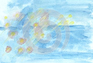 Abstract watercolor textured blue with yellow spots background