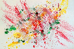 Abstract watercolor vivid colorful background painting with spray, spots, splashes. Hand drawn on paper grain texture