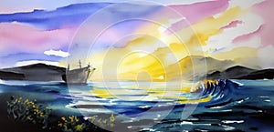 Abstract watercolour paint blue ocean background photo