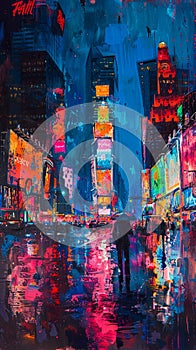 Abstract watercolour painting of a modern city in the night.