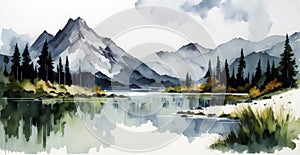 Abstract watercolour painting of mountain and lake landscapes photo