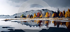 Abstract watercolour painting of mountain and lake landscapes