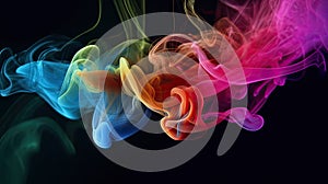 Abstract wave of colorful smoke. Pink, orange, yellow, green, blue acrylic swirls in black water. Creative background