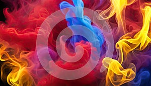 Abstract wave of colorful smoke, red, yellow, blue colors, abstract background