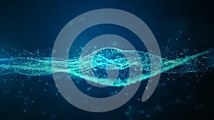 Abstract wave of data dots in a technology network. Technology blockchain connection, Artificial Intelligence, and Big data