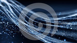 Abstract wave of glowing blue particles on dark background in motion flow