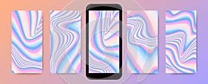 Abstract wave gradient backgrounds, holographic screensavers set.