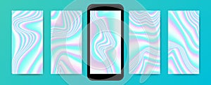 Abstract wave gradient backgrounds, holographic screensavers set.