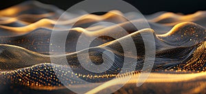 Abstract wave patterns with glowing lines and dots, creating a mesmerizing visual effect. Smooth curves and dynamic