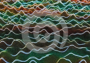 Abstract Waveform Landscape Digital Wireframe Mountains with Colorful Particles