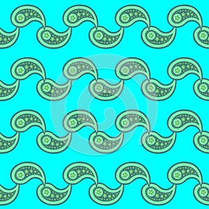 Abstract Waves-Paisley Dreams seamless repeat pattern in green and blue.
