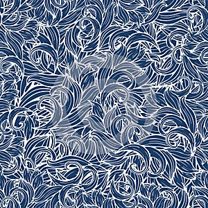 Abstract waves seamless pattern, vector background. Stylized sea water ornament, blue swirls and patterns. Hand drawing for design