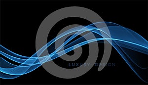 Abstract Waves. Shiny blue moving lines design element on dark background for greeting card and disqount voucher.