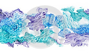 Abstract waves watercolor ocean landscape. Nature sea border ornament. Brush strokes blue seascape. Wallpaper hand drawn