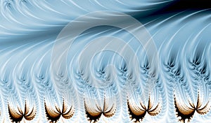 Abstract wavy background with flash effect. Turquoise, blue and white fractal rays squiggle shiny lines, fractal pattern. Design