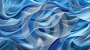 Abstract wavy blue background with smooth silk or satin texture, folds, 3D rendering