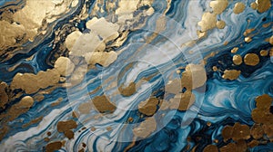 Abstract wavy blue marble background with golden veins, stone texture, liquid paint,