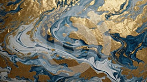 Abstract wavy blue marble background with golden veins, stone texture, liquid paint,