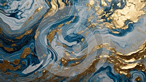 Abstract wavy blue marble background with golden veins, stone texture, liquid paint