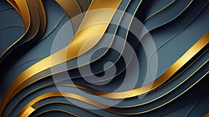 Abstract wavy blue wallpaper with golden lines. Waves background with curvy details. 3D rendering background with bluish gold