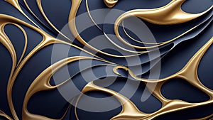 Abstract wavy blue wallpaper with golden lines. Waves background with curvy details. 3D rendering background with bluish gold