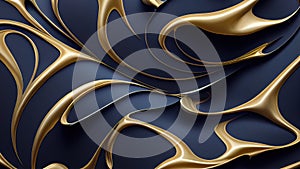 Abstract wavy blue wallpaper with golden lines. Waves background with curvy details. 3D rendering background with bluish gold