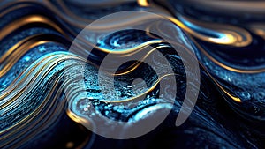 Abstract wavy blue wallpaper. Waves background with curvy golden shiny details . 3D rendering background with bluish colors for