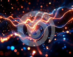 Abstract Wavy Data Stream with Glowing Particles and Blurred Bokeh Effect
