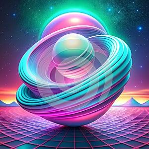 Abstract Wavy Geometric Holographic 3D Shape on 80s vaporwave background