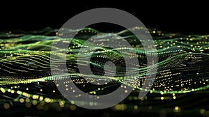 Abstract Wavy Green Data Stream With Glowing Dots, Digital Landscape