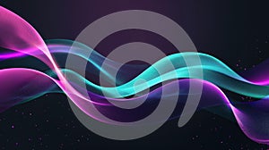 Abstract wavy light lines representing neural network in purple, blue, and green on black background for technology concept