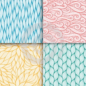 Abstract wavy lines seamless patterns set. Floral organic like vector illustration. Bright colorful seamlessly tiling