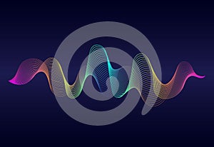 Abstract  wavy lines surface with rainbow color on dark blue background. Soundwave of gradient lines.Vector digital frequency