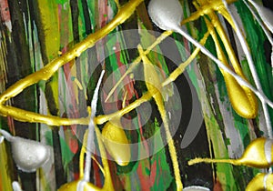 Abstract waxy silvery green gold hues, splashes, brush strokes watercolor paint. Watercolor paint abstract background.