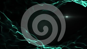 Abstract web background. Green waves on black backdrop. Light blurred white blick is inside the waves.