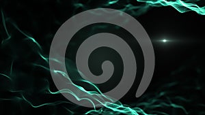 Abstract web background. Green waves on black backdrop. Light blurred white blick is inside the waves.