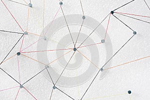 Abstract web line connection of color yarn from nail node to nod