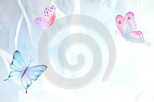 Abstract wedding horizontal butterfly background. Pastel light blue backdrop