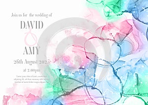 Abstract wedding invitation with colourful hand painted alcohol ink design