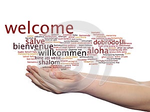 Abstract welcome or greeting international word cloud in hand, different languages or multilingual