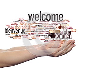 Abstract welcome or greeting international word cloud in hand, different languages or multilingual