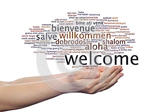 Abstract welcome or greeting international word cloud in hand, different languages or multilingual isolated