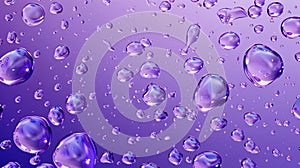 An abstract wet texture with fluid drops of rain falling on a purple horizontal background. Dispersed pure aqua blobs on