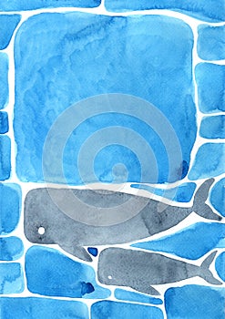 Abstract whale swimming under the sea with copy space watercolor.