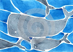 Abstract whale swimming under the sea with copy space watercolor.