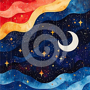 Whimsical Night Sky with Crescent Moon and Starry Dreams